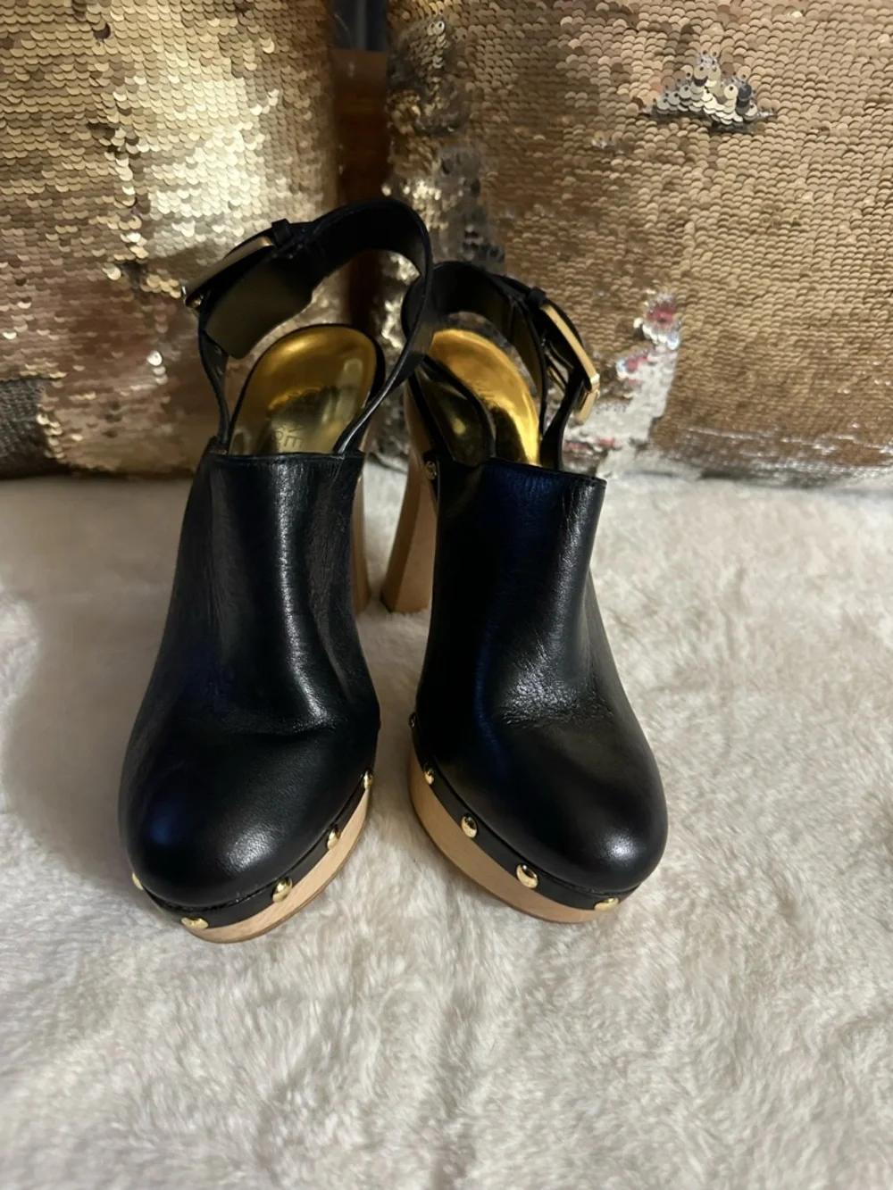 Michael Kors Black Leather Platform Clog Heels with Gold Studs - Picture 7 of 12